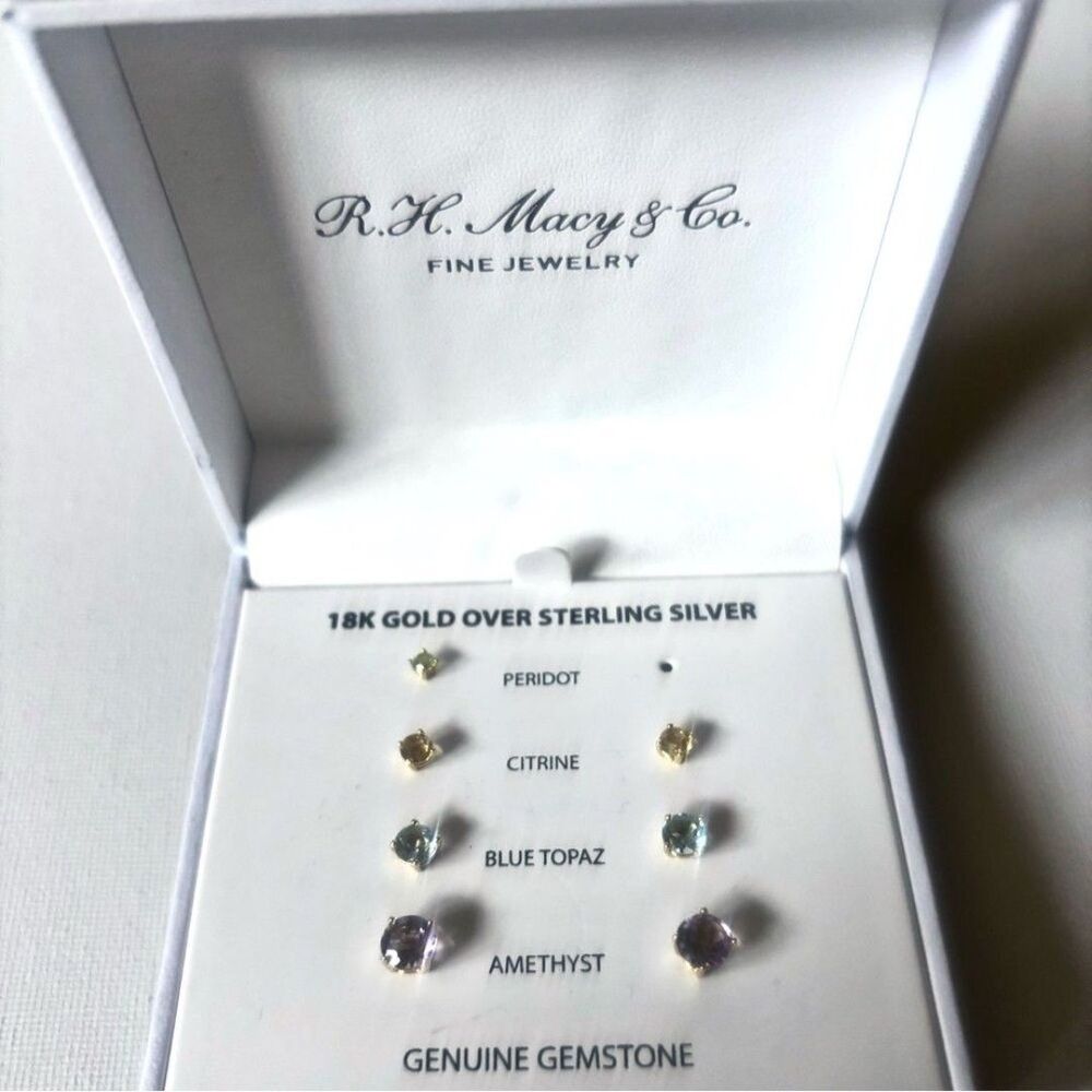 Genuine Gemstone Stud Earrings Set in Gold Over Sterling Silver As Is.